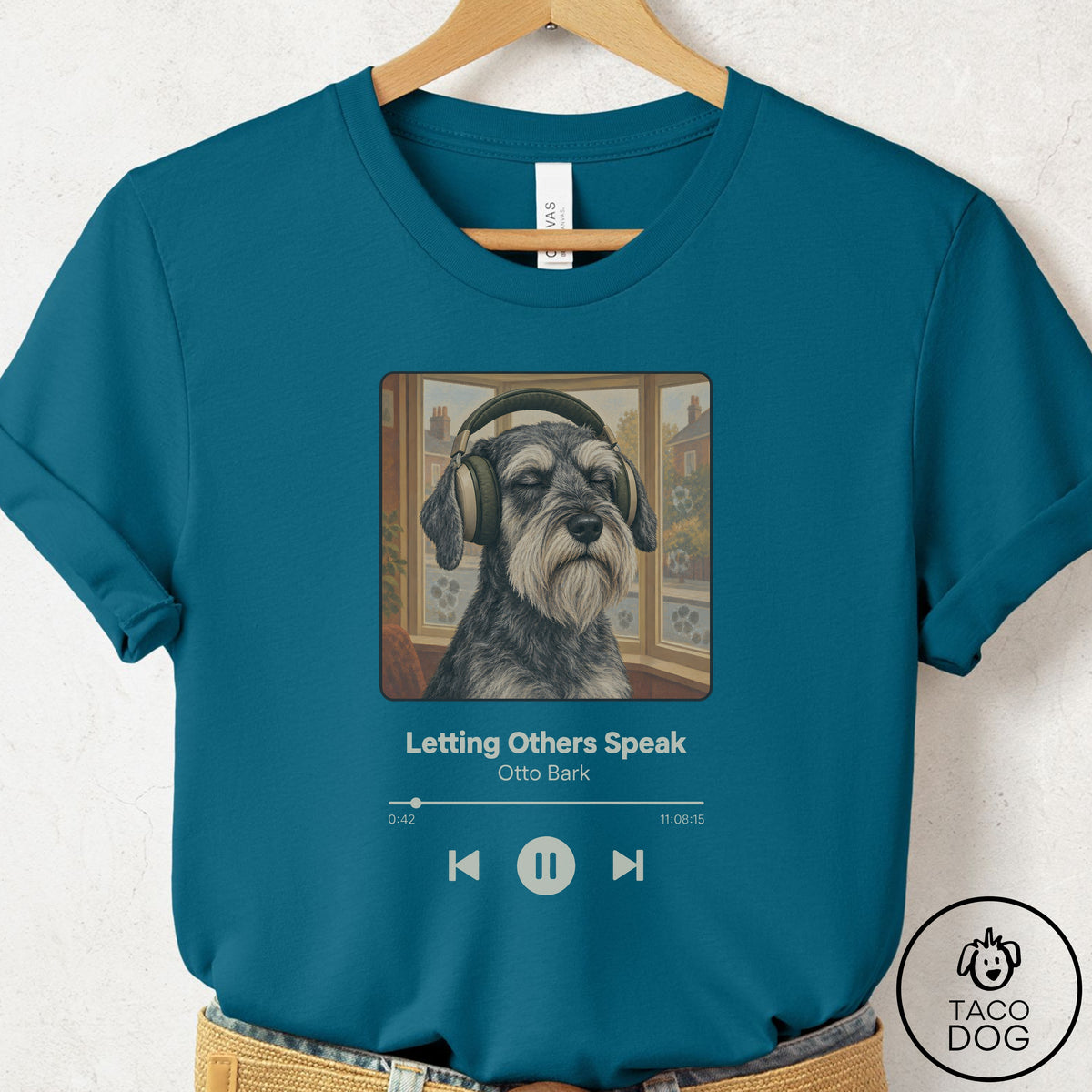 Schnauzer Book on Tape T-Shirt Deep Teal Taco-Dog