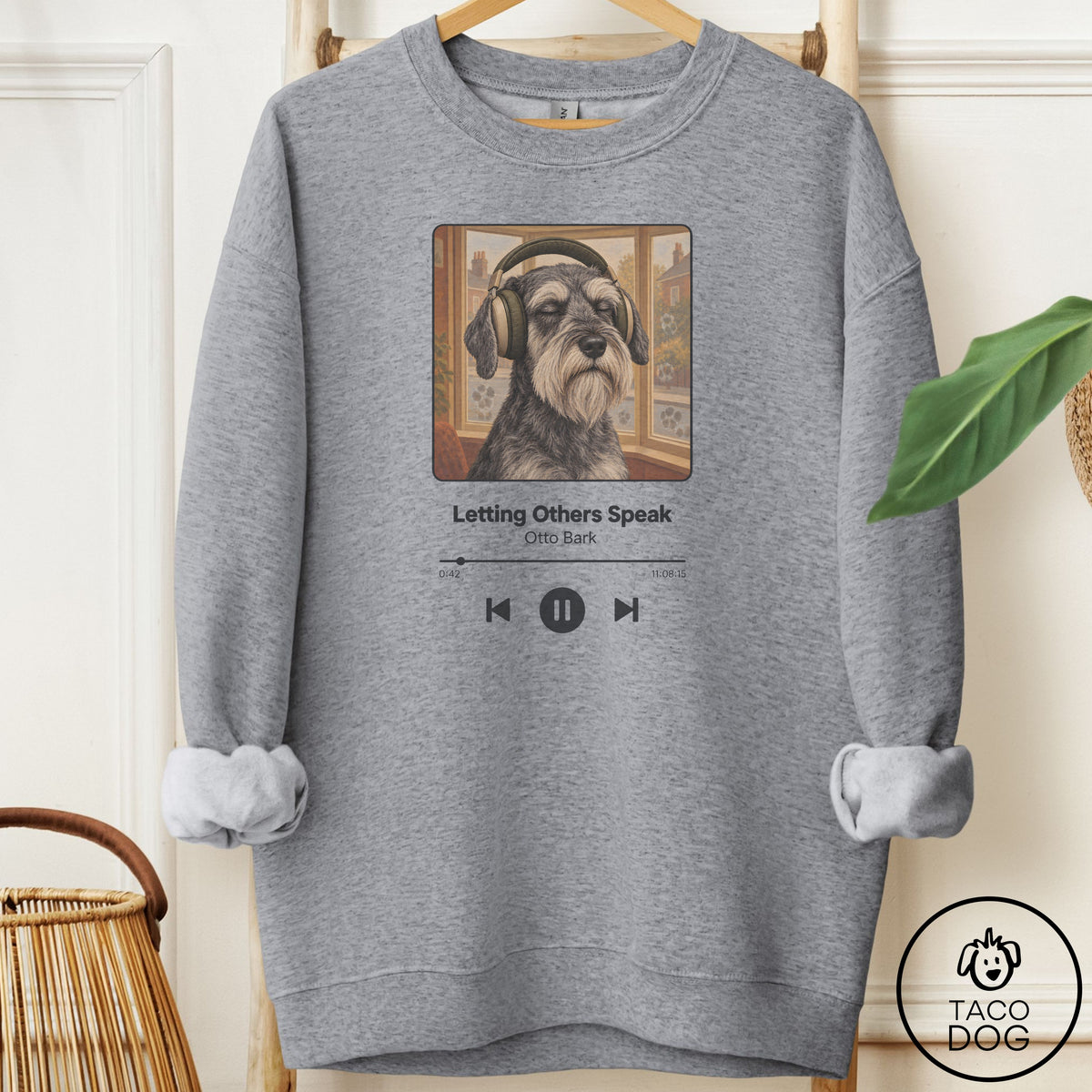 Schnauzer Book on Tape Sweatshirt Graphite Heather Taco-Dog