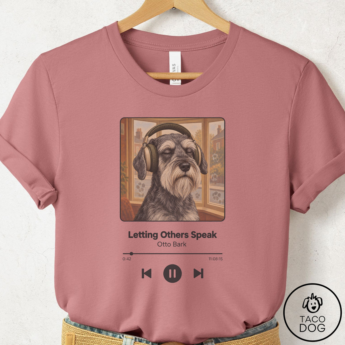 Schnauzer Book on Tape T-Shirt Mauve Taco-Dog