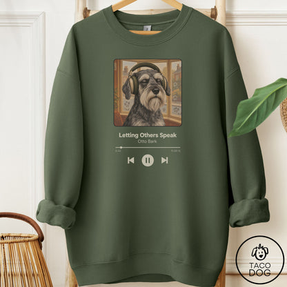 Schnauzer Book on Tape Sweatshirt Military Green Taco-Dog