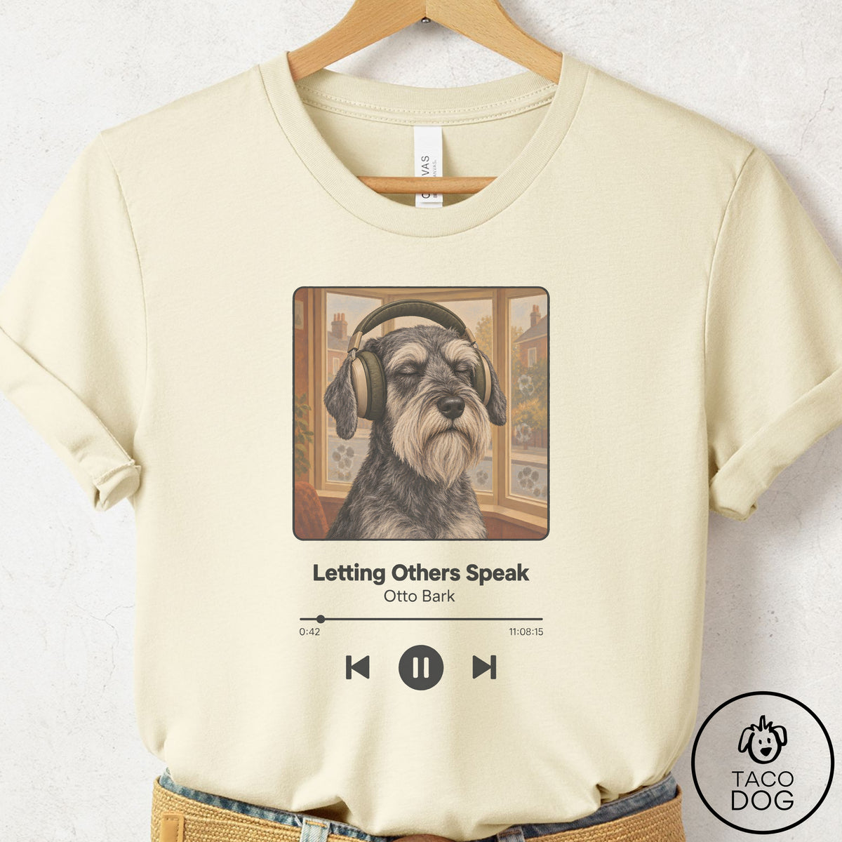 Schnauzer Book on Tape T-Shirt Natural Taco-Dog