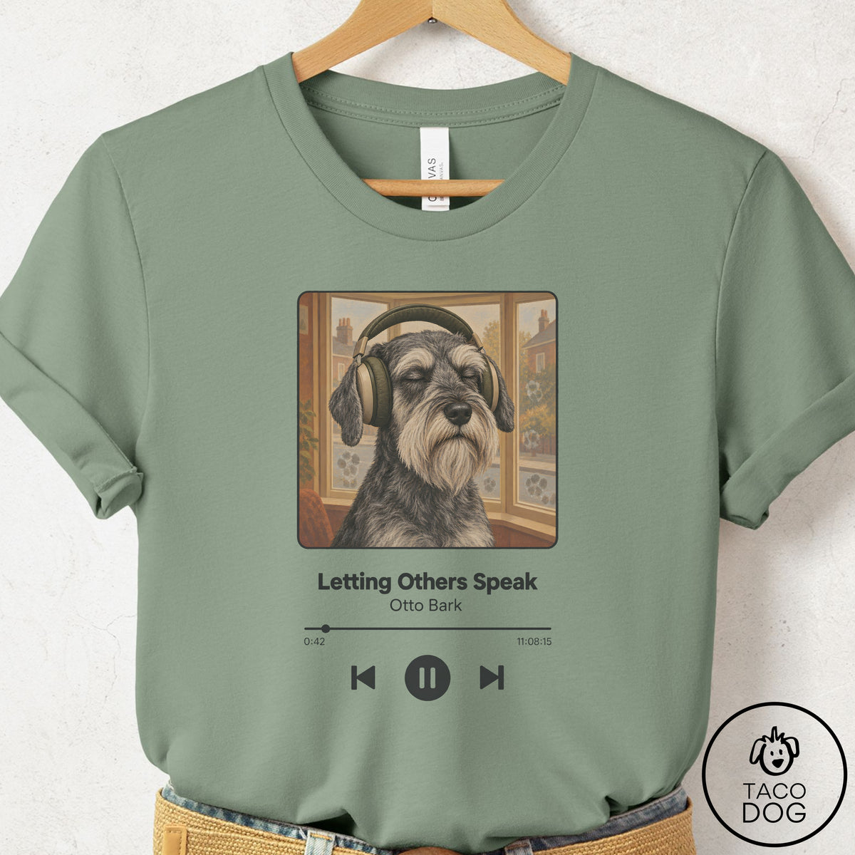 Schnauzer Book on Tape T-Shirt Sage Taco-Dog