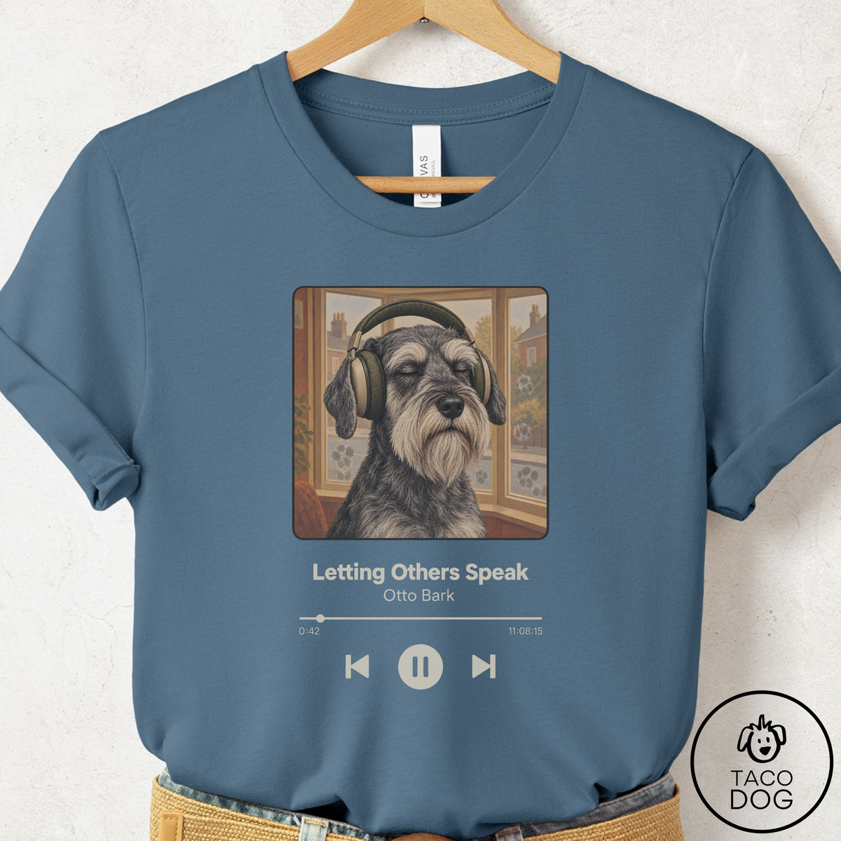 Schnauzer Book on Tape T-Shirt Steel Blue Taco-Dog