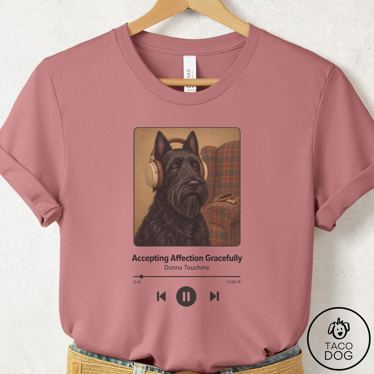 Scottie Book on Tape T-Shirt Mauve Taco-Dog