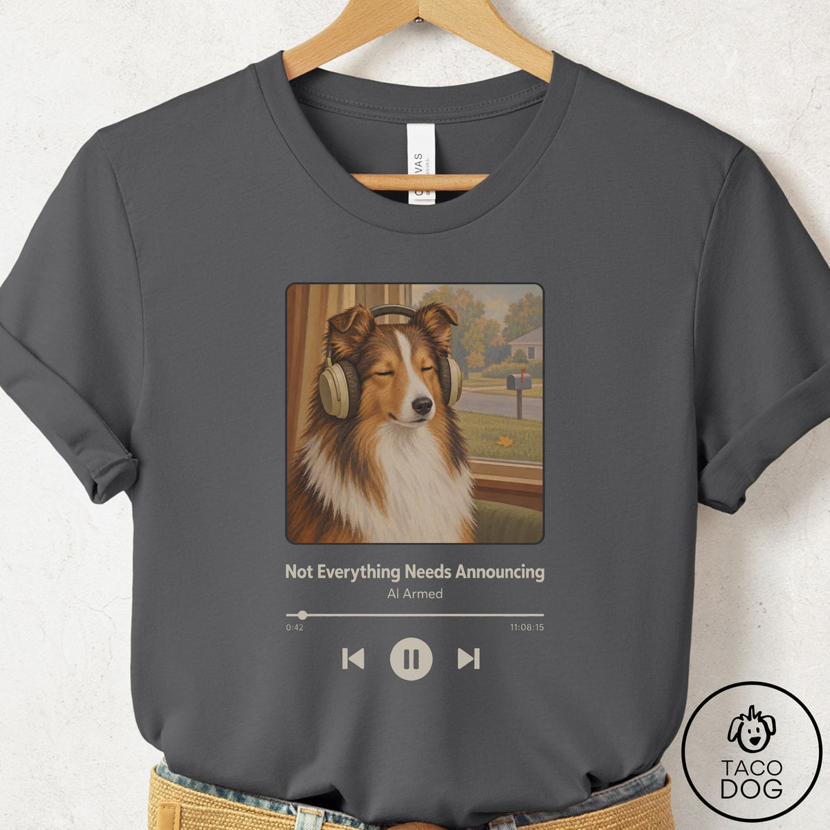 Shetland Sheepdog Book on Tape T-Shirt Asphalt Taco-Dog