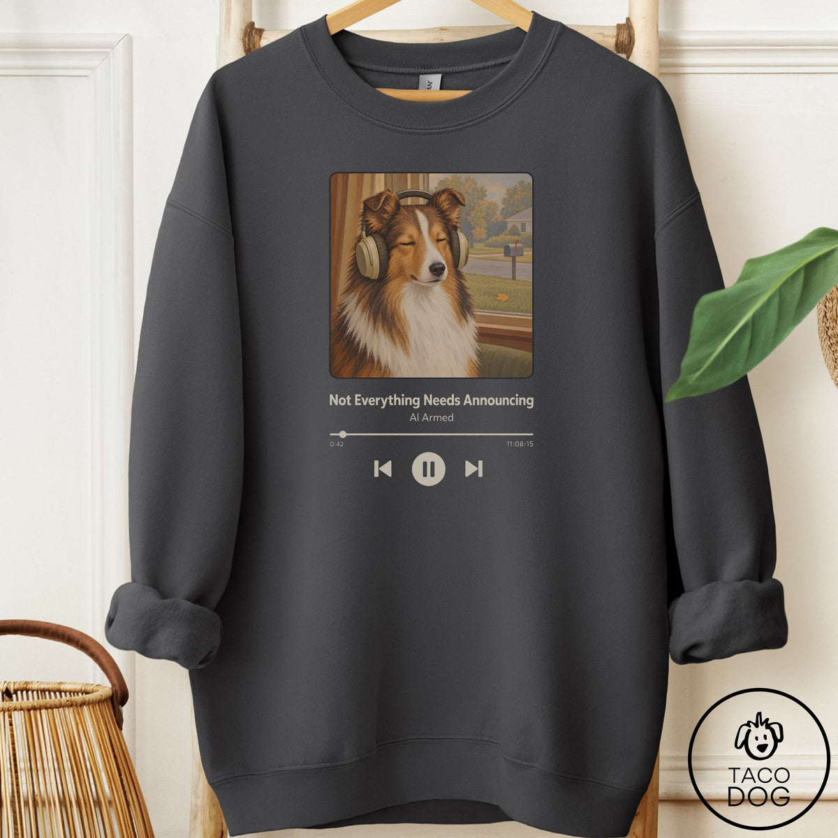 Shetland Sheepdog Book on Tape Sweatshirt Charcoal Taco-Dog
