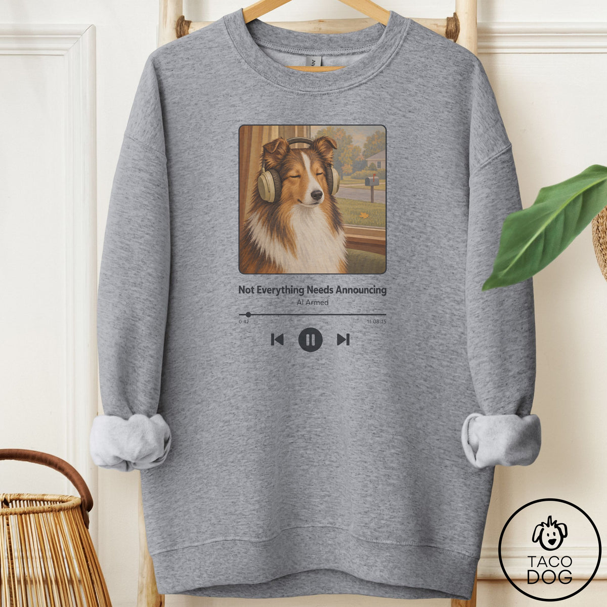 Shetland Sheepdog Book on Tape Sweatshirt Graphite Heather Taco-Dog