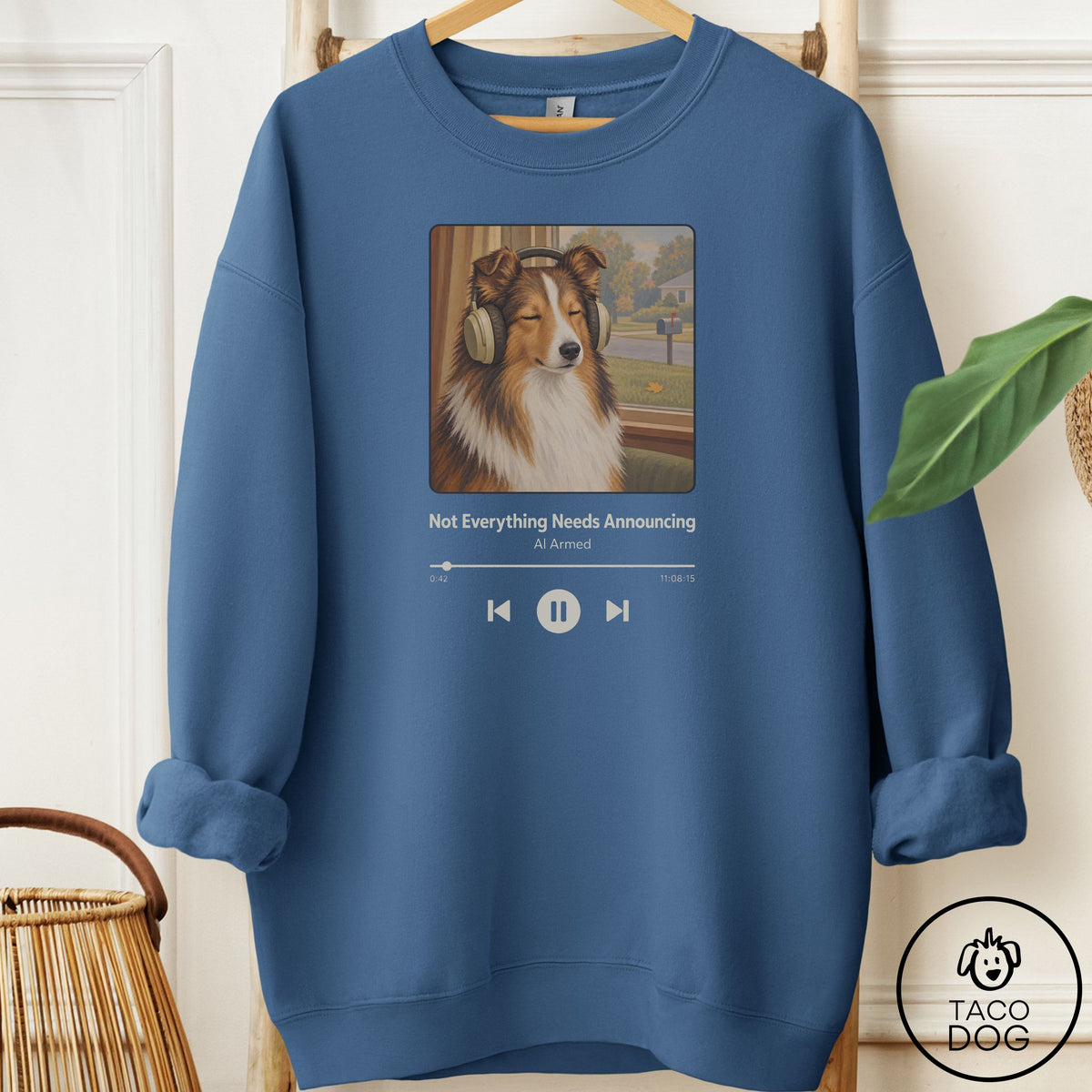 Shetland Sheepdog Book on Tape Sweatshirt Indigo Blue Taco-Dog