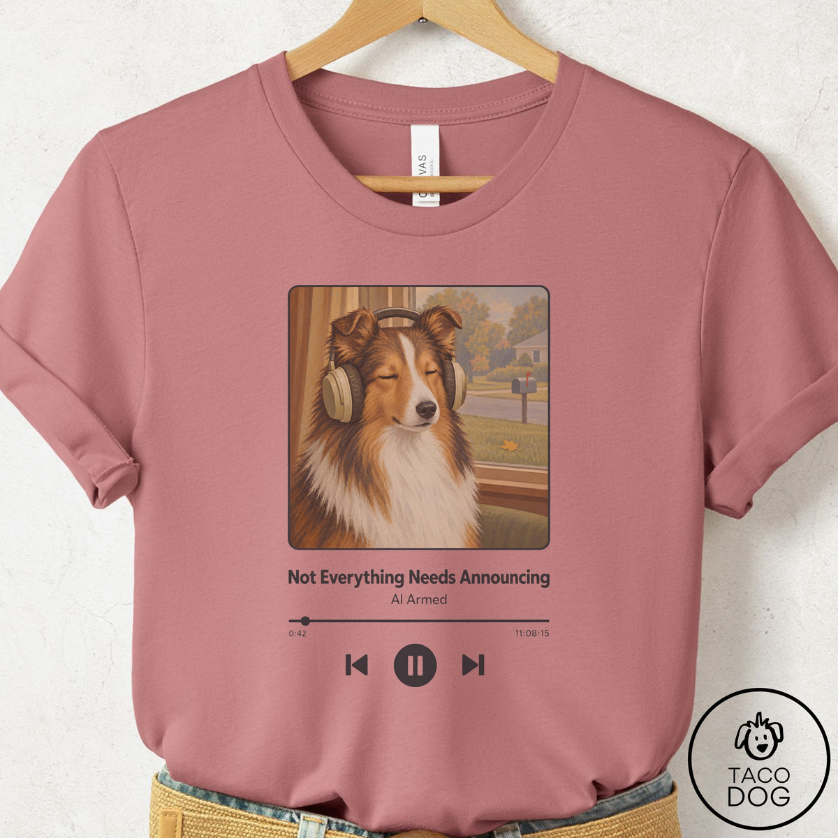 Shetland Sheepdog Book on Tape T-Shirt Mauve Taco-Dog