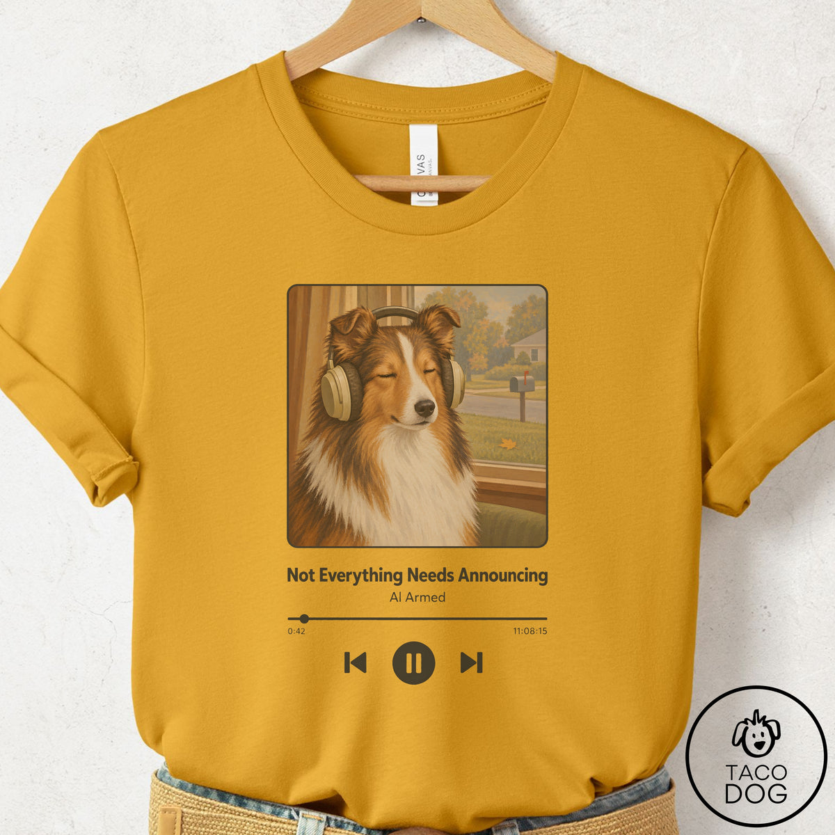 Shetland Sheepdog Book on Tape T-Shirt Mustard Taco-Dog