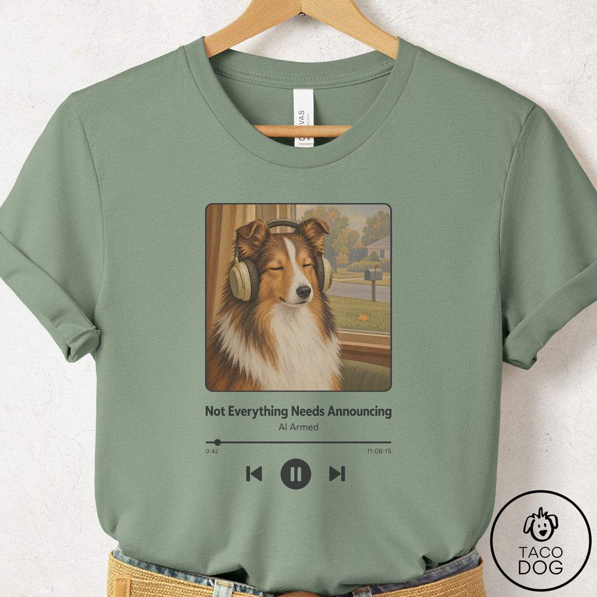 Shetland Sheepdog Book on Tape T-Shirt Sage Taco-Dog
