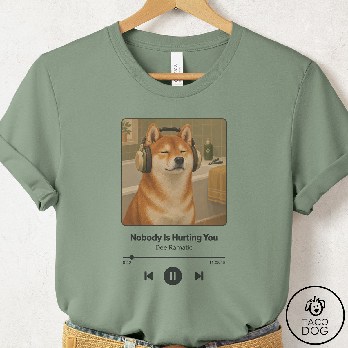 Shiba Inu Book on Tape T-Shirt Sage Taco-Dog