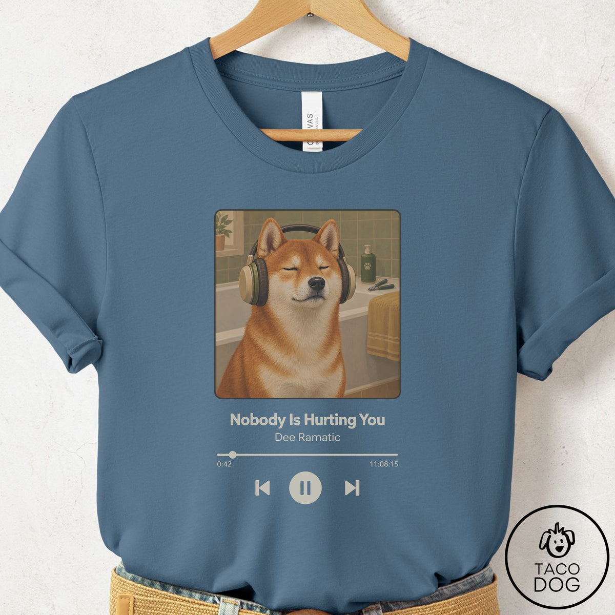 Shiba Inu Book on Tape T-Shirt Steel Blue Taco-Dog