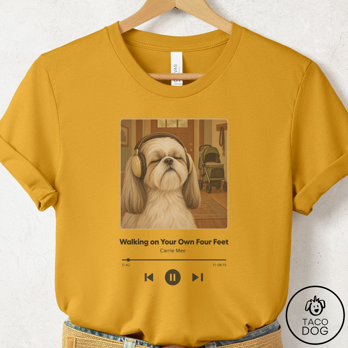 Shih Tzu Book on Tape T-Shirt Mustard Taco-Dog