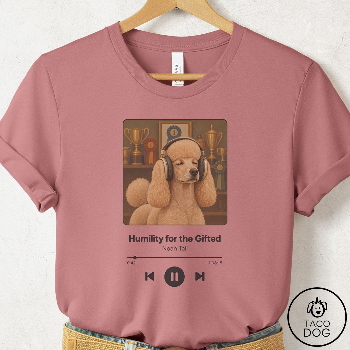 Poodle Book on Tape T-Shirt Mauve Taco-Dog