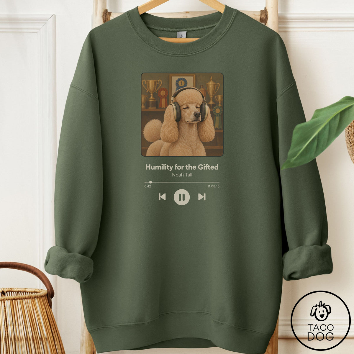 Poodle Book on Tape Sweatshirt Military Green Taco-Dog