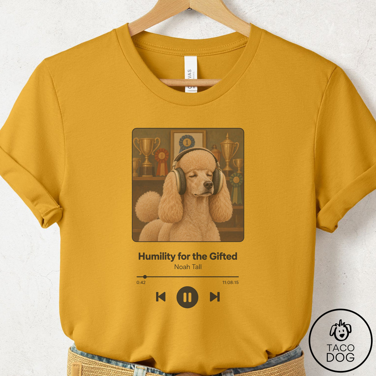 Poodle Book on Tape T-Shirt Mustard Taco-Dog