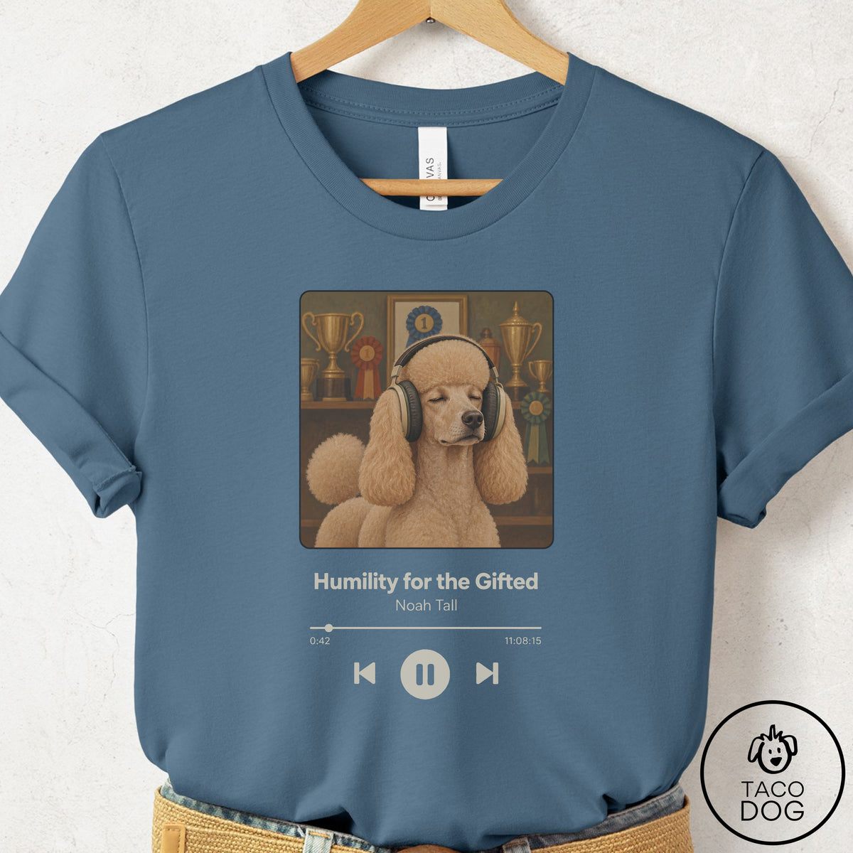 Poodle Book on Tape T-Shirt Steel Blue Taco-Dog