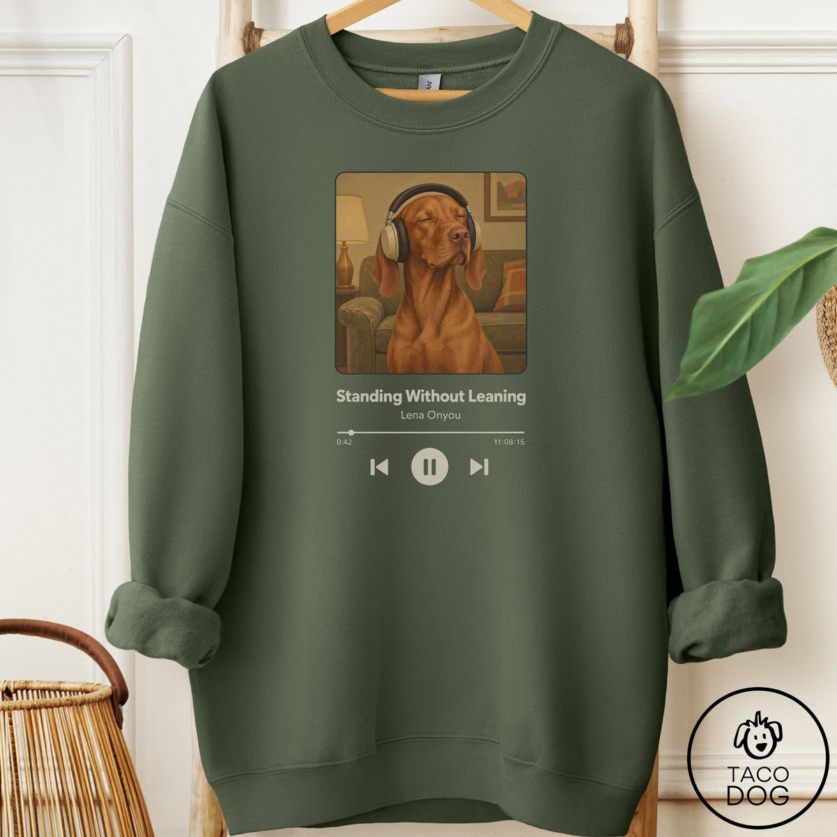 Vizsla Book on Tape Sweatshirt Military Green Taco-Dog