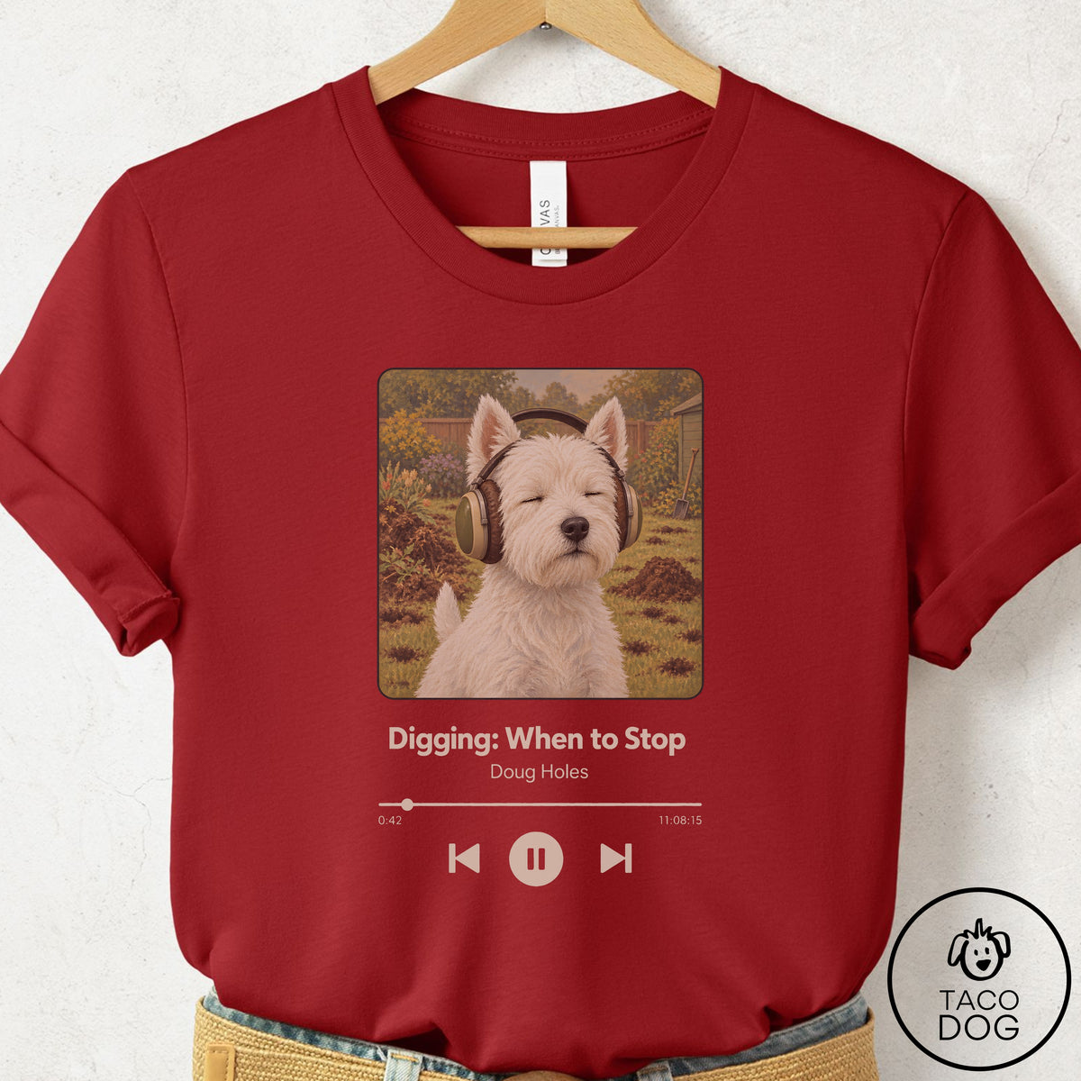Westie Book on Tape T-Shirt Canvas Red Taco-Dog