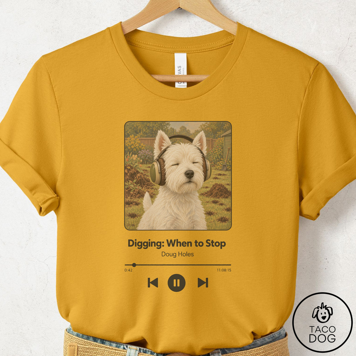 Westie Book on Tape T-Shirt Mustard Taco-Dog