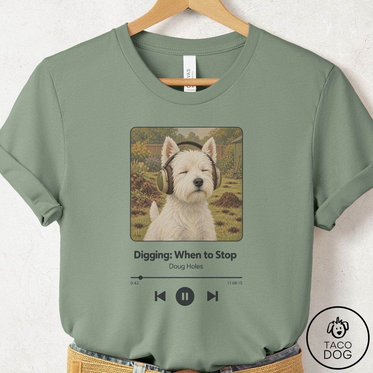 Westie Book on Tape T-Shirt Sage Taco-Dog