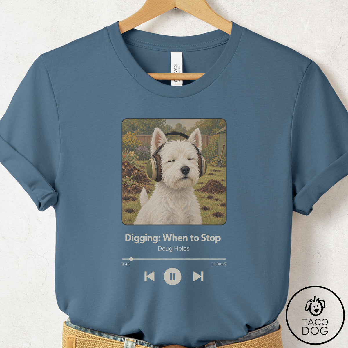 Westie Book on Tape T-Shirt Steel Blue Taco-Dog