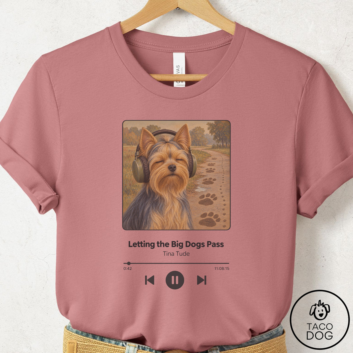 Yorkshire Terrier Yorkie Book on Tape T-Shirt Mauve Taco-Dog