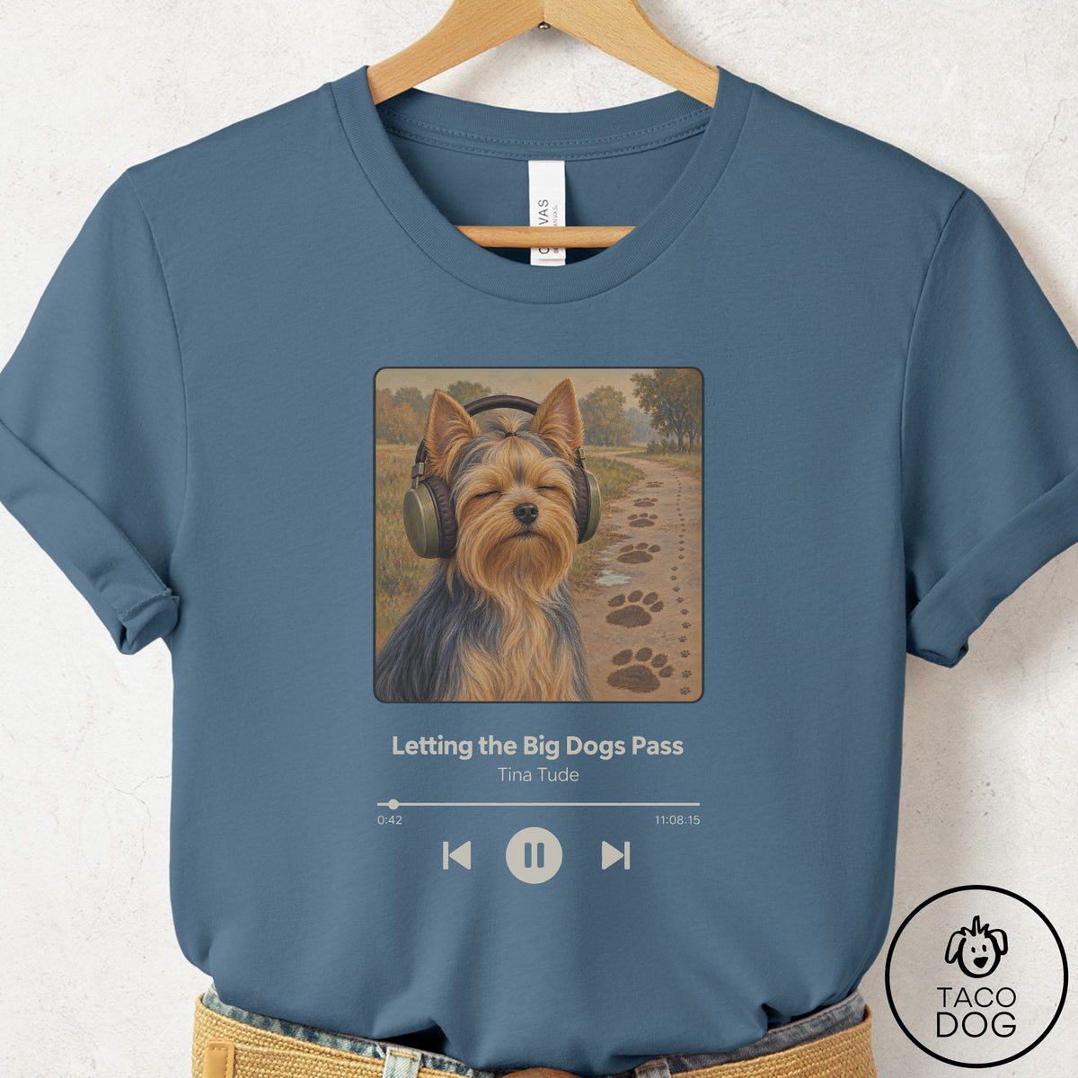 Yorkshire Terrier Yorkie Book on Tape T-Shirt Steel Blue Taco-Dog