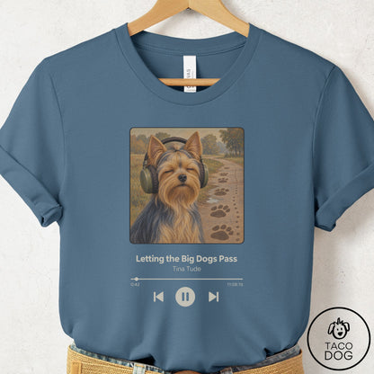 Yorkshire Terrier Yorkie Book on Tape T-Shirt Steel Blue Taco-Dog