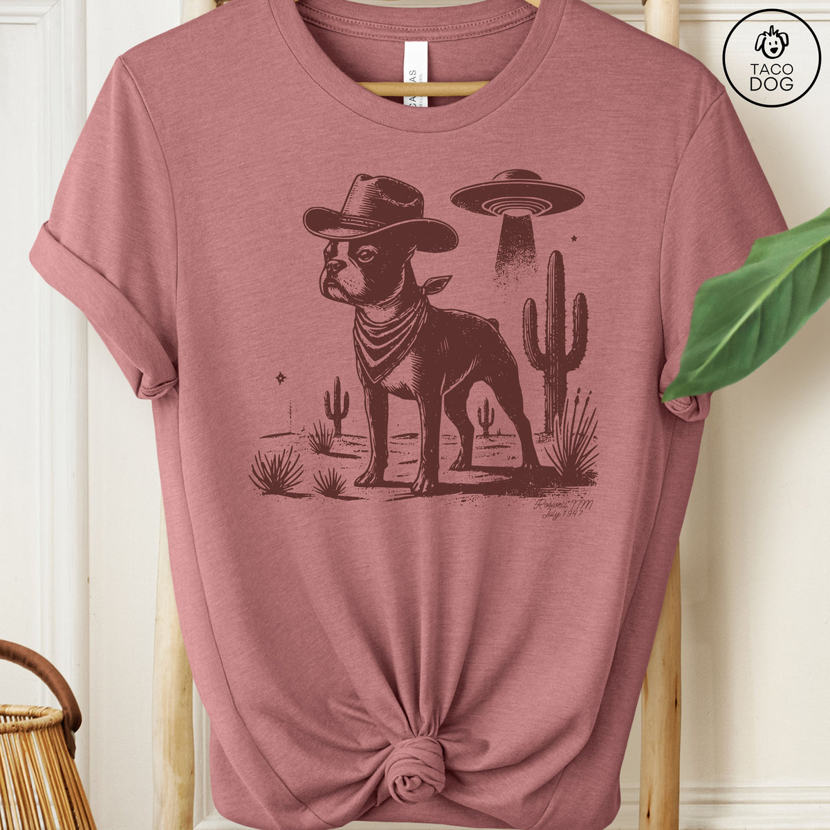 Boston Terrier Cowboy Ink Space UFO T-Shirt Heather Mauve Taco-Dog