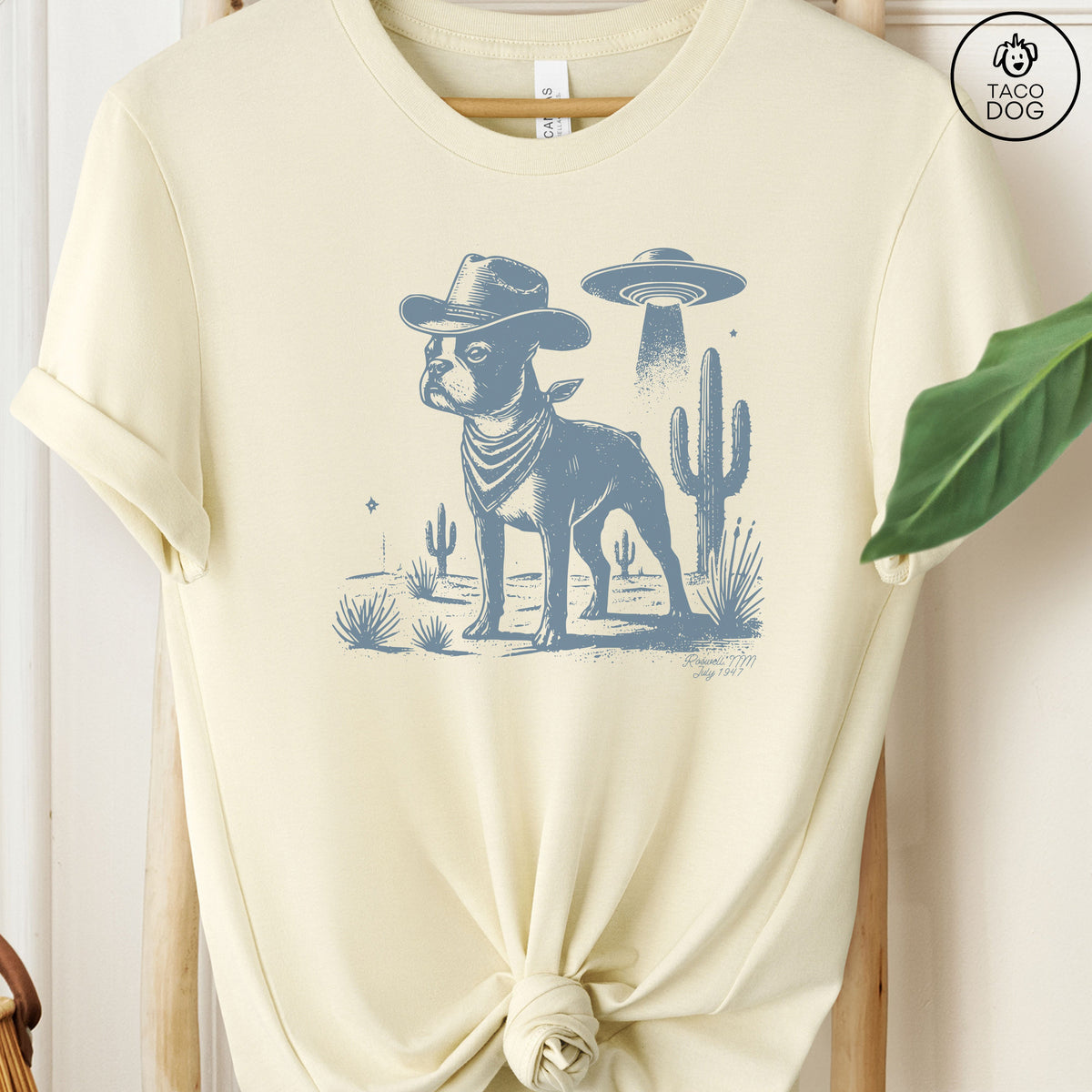 Boston Terrier Cowboy Ink Space UFO T-Shirt Natural Taco-Dog