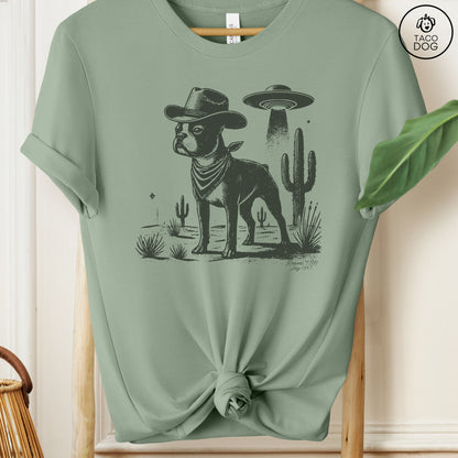 Boston Terrier Cowboy Ink Space UFO T-Shirt Sage Taco-Dog