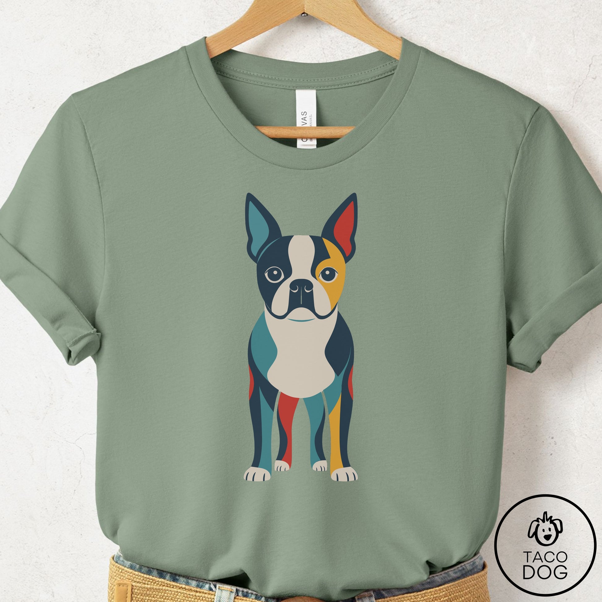 Boston Terrier Color Block T-Shirt Sage Taco-Dog