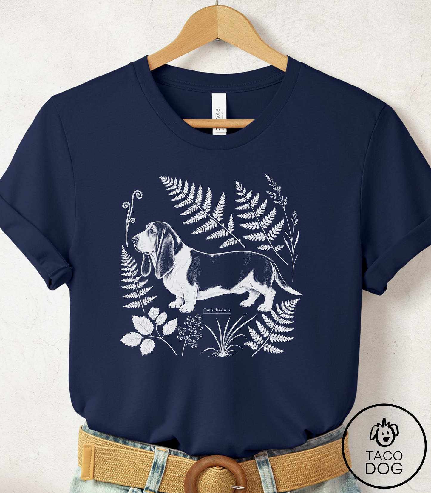 Basset Hound Botanical Specimen Cyanotype Tee Navy Taco-Dog