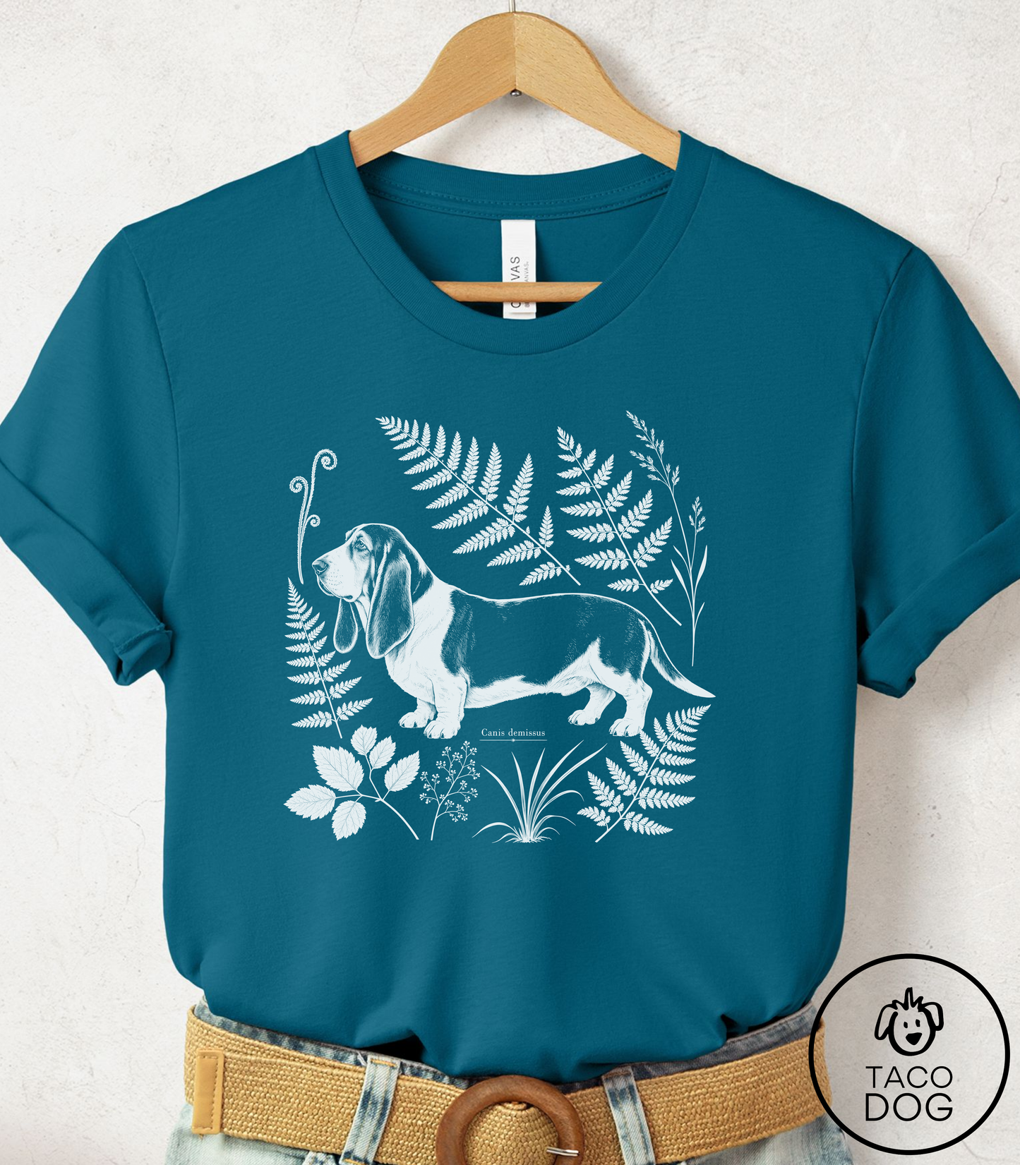 Basset Hound Botanical Specimen Cyanotype Tee Deep Teal Taco-Dog