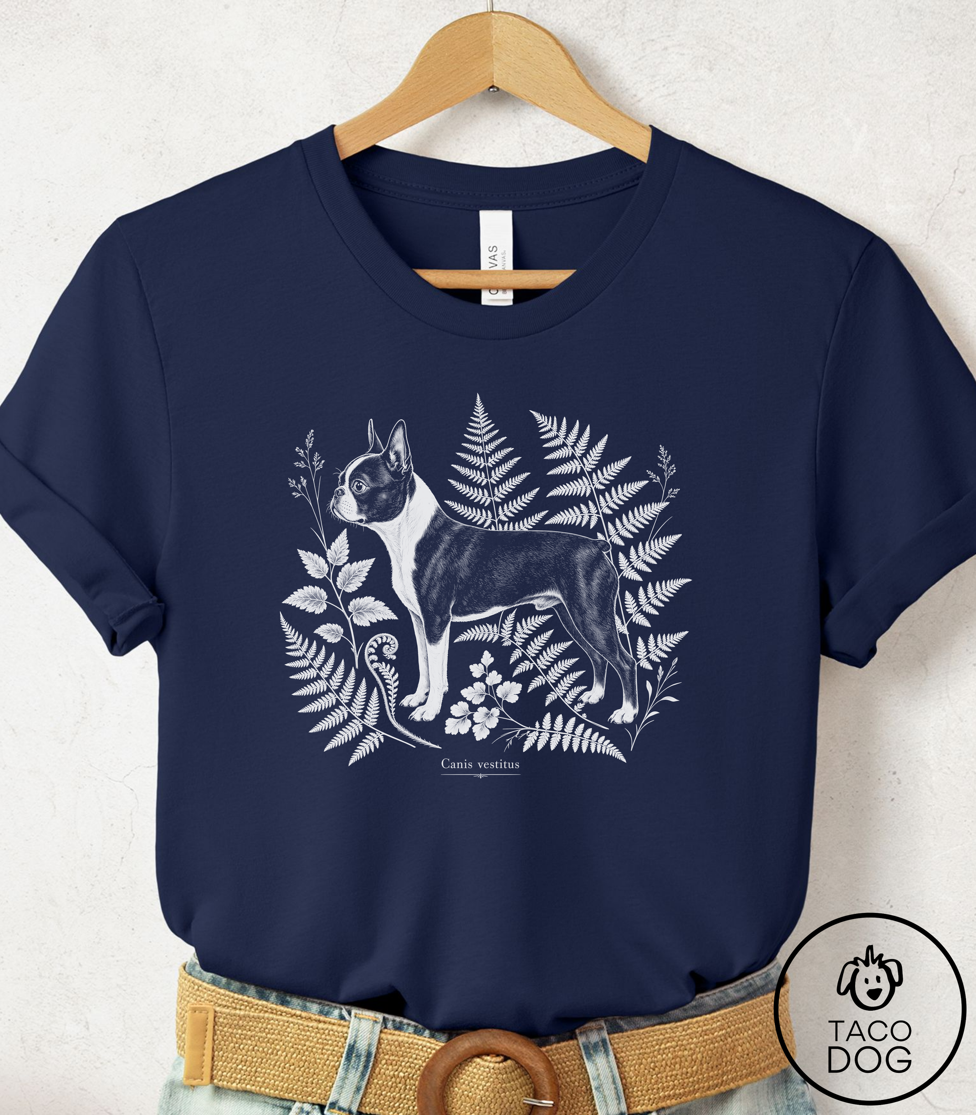 Boston Terrier Botanical Specimen Cyanotype Tee Navy Taco-Dog