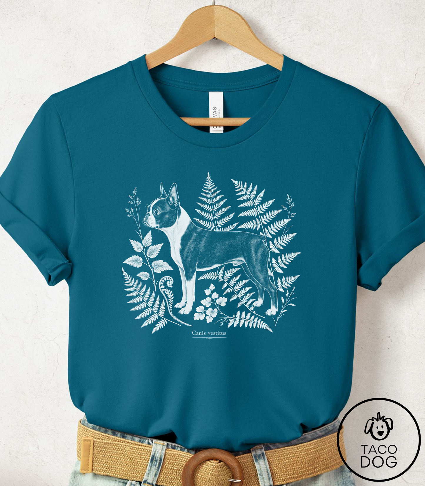 Boston Terrier Botanical Specimen Cyanotype Tee Deep Teal Taco-Dog