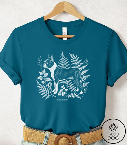 Boston Terrier Botanical Specimen Cyanotype Tee Deep Teal Taco-Dog