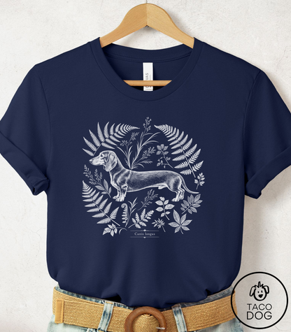 Dachshund Botanical Specimen Cyanotype Tee Navy Taco-Dog
