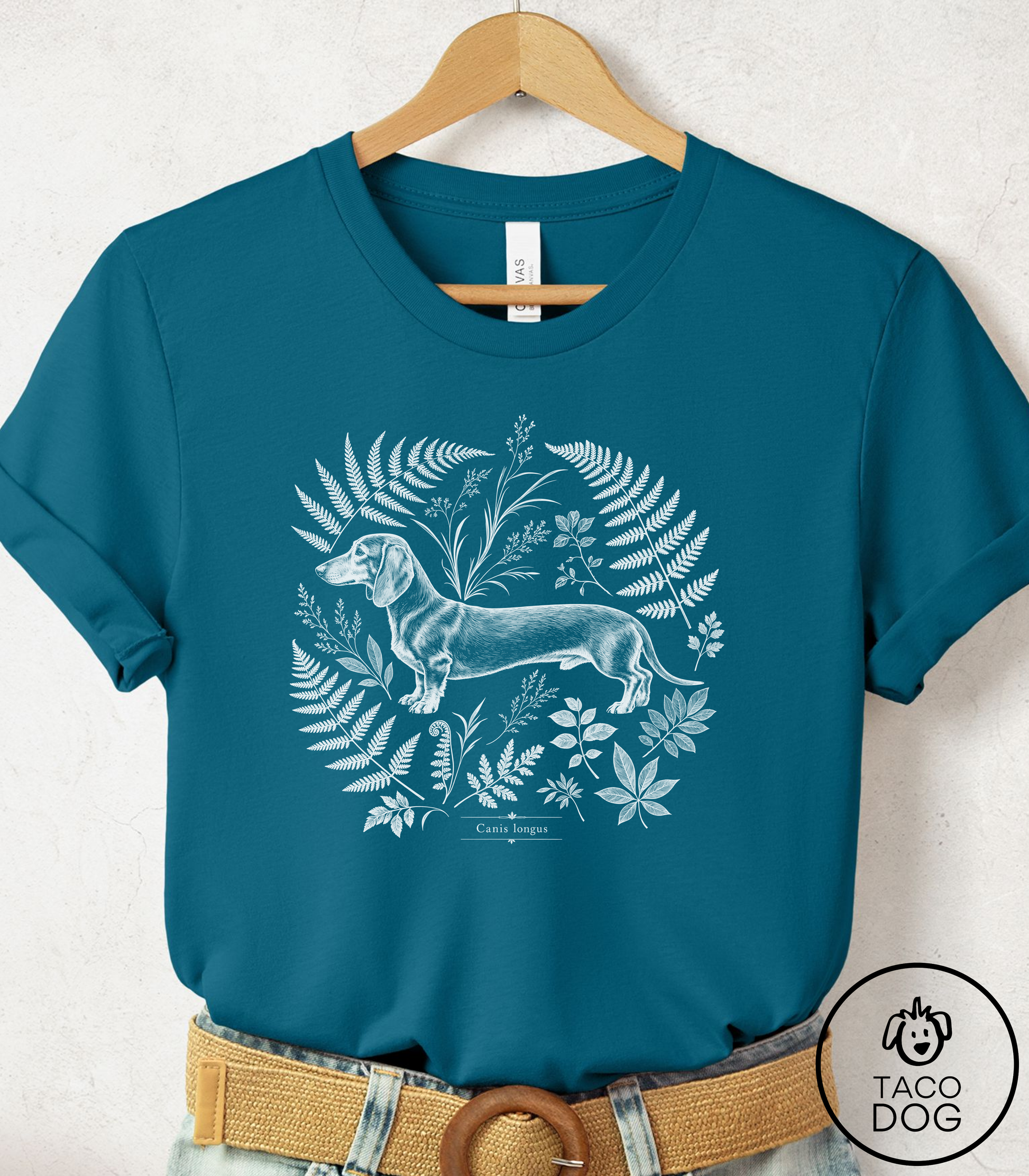 Dachshund Botanical Specimen Cyanotype Tee Deep Teal Taco-Dog