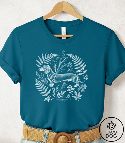 Dachshund Botanical Specimen Cyanotype Tee Deep Teal Taco-Dog