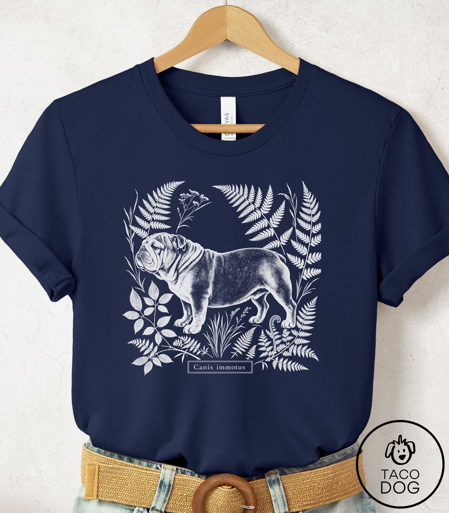 English Bulldog Botanical Specimen Cyanotype Tee Navy Taco-Dog