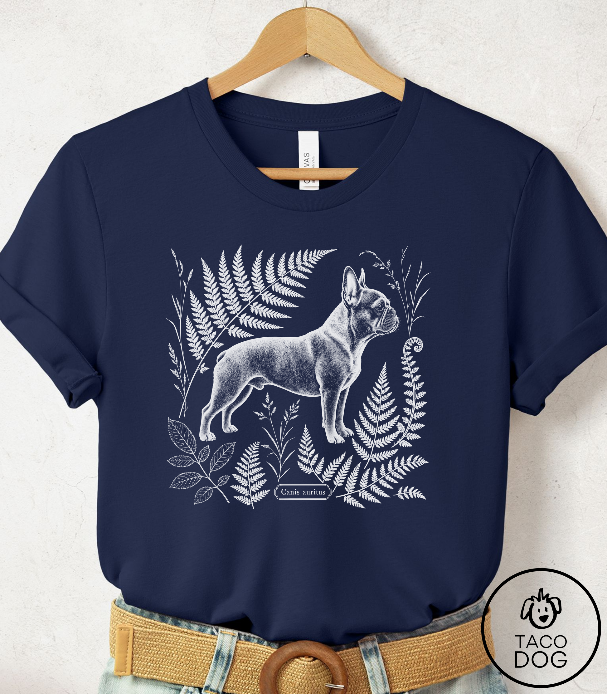 French Bulldog Botanical Specimen Cyanotype Tee Navy Taco-Dog