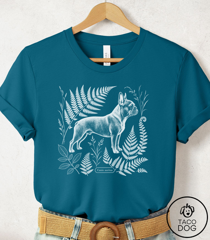 French Bulldog Botanical Specimen Cyanotype Tee Deep Teal Taco-Dog