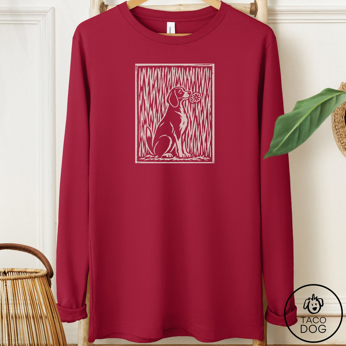 Beagle Brings the Flower Long Sleeve Tee Cardinal Taco-Dog