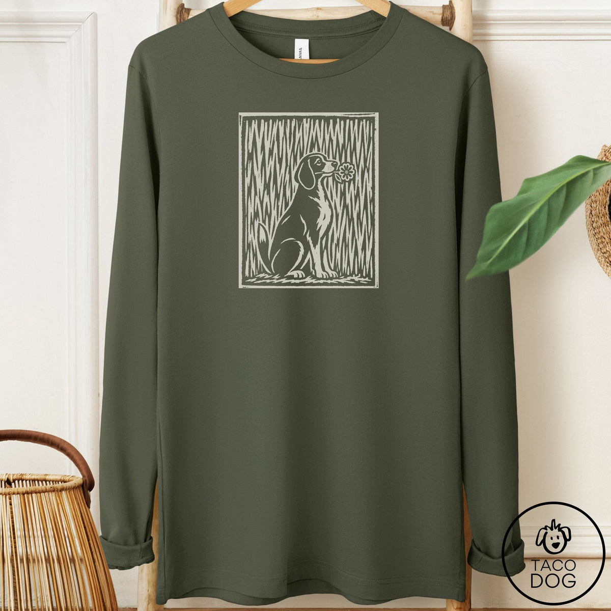 Beagle Brings the Flower Long Sleeve Tee Military Green Taco-Dog