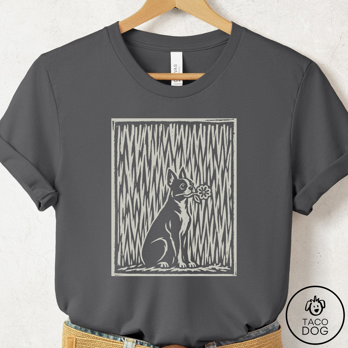 Boston Terrier Brings the Flower T-Shirt Asphalt Taco-Dog
