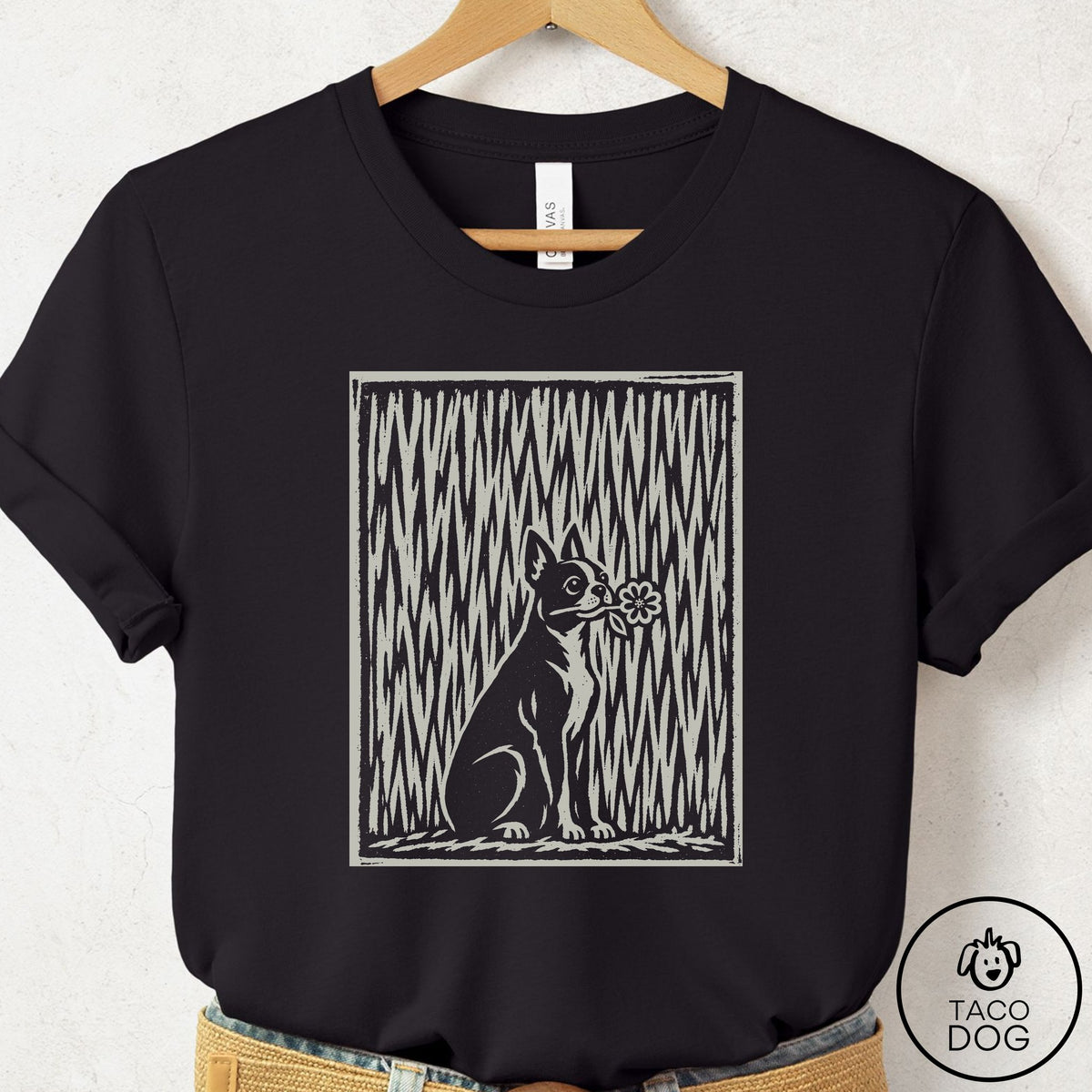 Boston Terrier Brings the Flower T-Shirt Black Taco-Dog