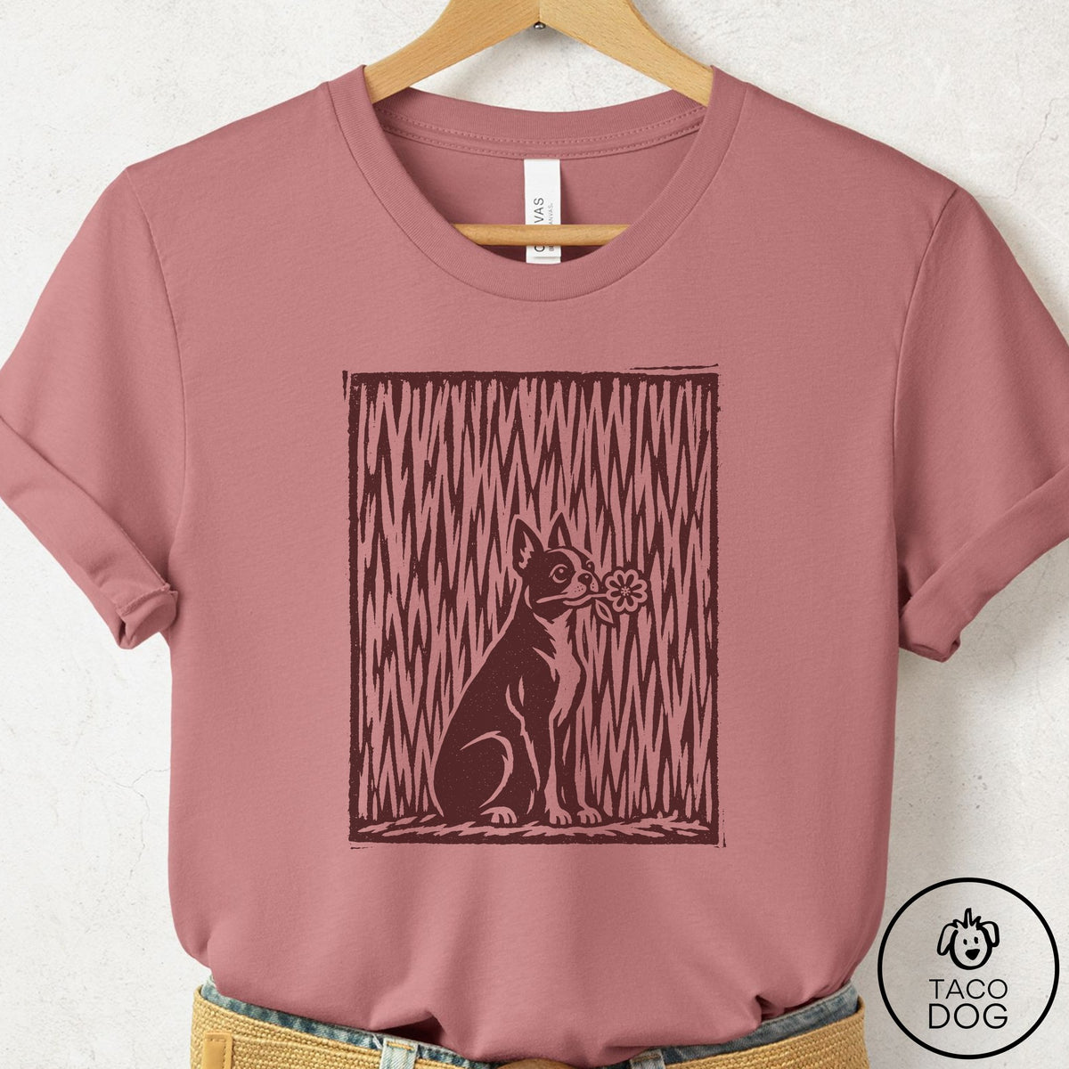 Boston Terrier Brings the Flower T-Shirt Mauve Taco-Dog